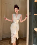 キャバドレス 膝丈ドレス レース Vネック 小顔効果 セクシー 気質 エレガント XH2-ZED888355DXH238A