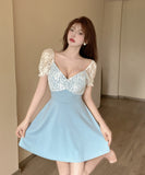 【3色】ミニドレス パフスリーブ レース カワセクシー 肌見せ Aライン 着痩せ XH2-DD7219