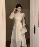 ロングドレス エレガント 袖付き チュール パフスリーブ Aライン 着痩せ 気質 XH2-CD7-339-50900750