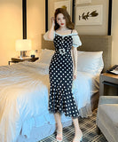 手作り 膝丈ドレス 水玉柄 オフショルダー フリル エレガント 気質 宴会 XH2‐JY50225