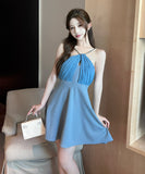 【ブルー&ブラック】ミニドレス キャバドレス ホルターネック 谷間見せ Aライン 着痩せ 気質 XH2-DD7544