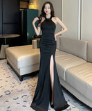 ロングドレス キャバドレス ナイトクラブ スリート 宴会 ホルターネック セクシー XH2-YM9183