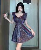 【4色】ミニドレス セクシー フリル キラキラ Aライン Party ナイトクラブ XH2-DD4611