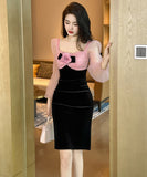 手作り 膝丈ドレス エレガント スクエアネック セレブ風 ローズ チュール 高級感 XH2-JY9707