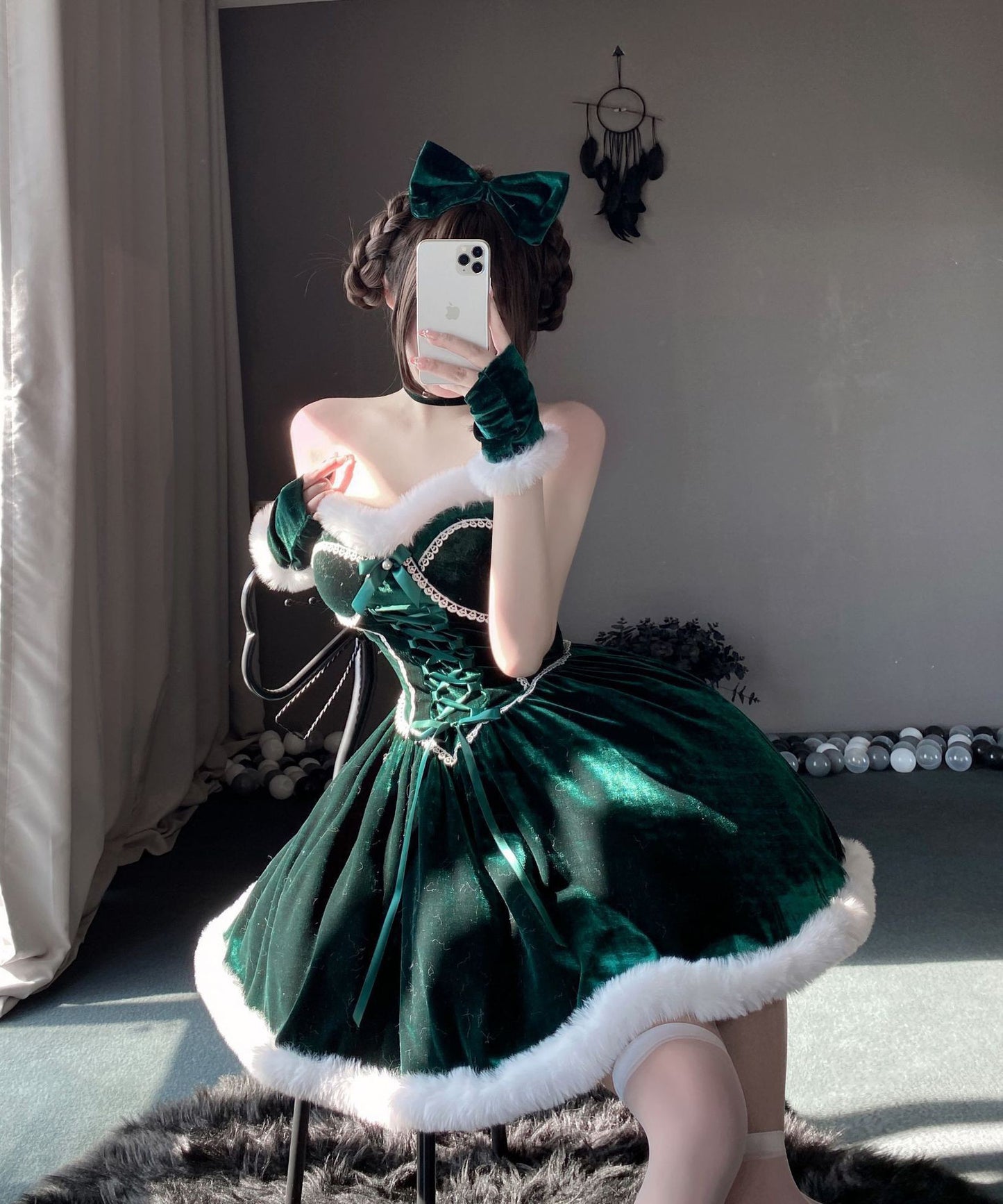 2色【5点セット】クリスマ 大人可愛い セクシー サンタ服 コスプレ Aライン ベアトップ リボン XH2-DML7