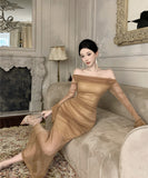 ロングドレス チュール エレガント セレブ風 オフショルダー 気質 宴会 パーティー 高級感 キラキラ XH2-ZED88655DXH346A