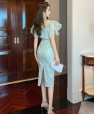 【手作り】膝丈ドレス フリル おしゃれ 小顔効果 スクエアネック エレガント XH2-JY20470