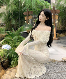 ロングドレスオフショルダーレースセクシーエレガントフリル着痩せ長袖おしゃれXH2-CD1-119-96610820
