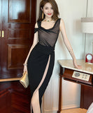 【手作り】膝丈ドレス キャバドレス セクシー 着瘦せ お洒落 非対称 チュール 脚長効果 XH2-JY20517