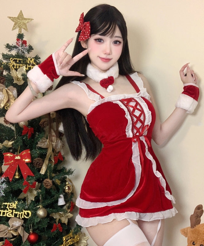 【5点セット】クリスマ 大人可愛い セクシー サンタ服 コスプレ レース リボン XH2-DML63