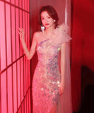 ロングドレス 宴会 キラキラ ナイトドレス ワンショルダー 人魚姫 誕生日 演奏会 XH2-MBYD-ltao722141041931