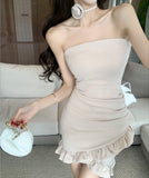 【2色】ミニドレス ベアトップ 非対称 セクシー フラワー フリル XH2-ZED886090GT513