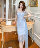 【オレンジ＆ブルー】【手作り】膝丈ドレス エレガント 気質 チュール ユニーク XH2-JY20601