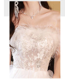 ロングドレス ベアトップふわふわ 刺繍 カラードレス 高級感 ウェディングドレス 宴会 演奏会　XH2-MBYD-ltao731899852919