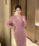 ロングドレス キャバドレス レース 高級感 Vネック エレガント 気質 袖付き XH2-ZED885423DXH449B