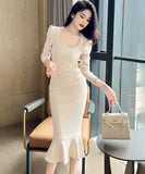 手作り 膝丈ドレス マーメイド エレガント 気質 スクエアネック セレブ風 真珠 XH2-JY6017