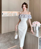 膝丈ドレス オフショルダー フリル 気質 エレガント 通勤 着痩せ おしゃれ XH2-DD4479