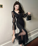 手作り 膝丈ドレス レース セクシー Vネック 谷間魅せ 宴会 マーメイド エレガント 気質 XH2-JY20679