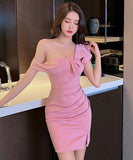 【3色】ミニドレス セクシー キャバドレス ワンショルダー フリル 着瘦せ XH2-LQE5962GT536