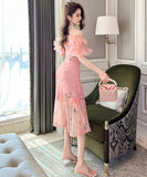 【手作り】ロングドレス ロマンティック風 花柄 パフスリーブ 小顔効果 フリル 大人可愛い XH2-JY10589