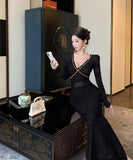 【2色】ロングドレス レース 谷間魅せ キラキラ エレガント セレブ風 キャバドレス XH2-ZED885576DXH238B