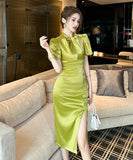 【手作り】膝丈ドレス 高品質 おしゃれ  パフスリーブ エレガント 宴会 高級感 XH2-JY30068