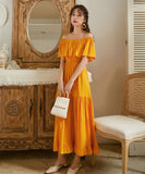 【3色】サンドレス ビーチ 旅行 ロングドレス フリル オフショルダー 大人可愛い XH2-XHY918885