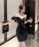 【2色】ミニドレス キャバドレス 谷間魅せ 指名 非対称 ベアトップ XH2-DD5656