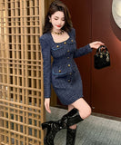 ミニドレス 手作り 秋新作 セレブ風 ツイード 小顔効果 スクエアネック エレガント XH2-JY20784