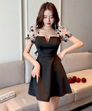 ミニドレス レース キャバドレス パフスリーブ 大人可愛い 谷間見せ セクシー タイトドレス XH2-JX3996
