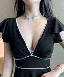 【black＆white】ミニドレス セクシー キャバドレス Aライン フリル キラキラ Vネック 谷間魅せ XH2-DD7895