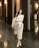 【3色】膝丈ドレス レースドレス 谷間見せ セクシー エレガント 女子力 袖付き 気質 XH2-XKD-D529-6616-Nov28