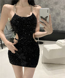 ミニドレス キャバドレス 透かし彫り キラキラ ナイトクラブ セクシー チェーン XH2-DD4828