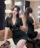 【2色】ミニドレス キャバドレス レース Vネック 谷間見せ セクシー 指名 パフスリーブ 気質 XH2-DD3874