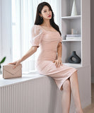 膝丈ドレス セクシー キャバドレス スクエアネック パフスリーブ 谷間魅せ 小顔効果 XH2-ZED886627BH506