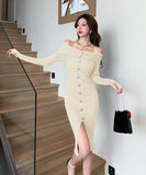 【4色】ニットドレス オフショルダー セクシー  着瘦せ 袖付き エレガント XH2-ZED883071BH453