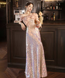 ロングドレス 誕生日パーティー キラキラ 人魚姫 リボン オフショルダー 演奏会 宴会 XH2-WS-P108