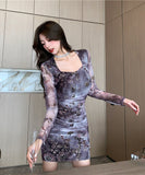 ミニドレス 花柄 セクシー スクエアネック エレガント 袖付き XH2-DD5208