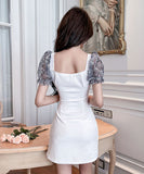 【2色】ミニドレス レース キャバドレス パフスリーブ 大人可愛い 谷間見せ セクシー タイトドレス XH2-JX5100