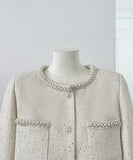 【上下セット】Black&white ツイードスーツ セレブ風 ミニドレス 高級感 真珠 キラキラ 大人可愛い 同伴 エレガントXH2-MYK0556