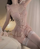 【2色】勝負下着 セクシーパジャマ ルームウェア チュール 透け感 谷間見せ XH8-XY591