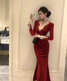 ロングドレス マーメイドドレス セクシー エレガント 袖付き 気質 着痩せ chic 女子力 XH2-ZED886339DXH348A