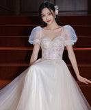 ロングドレス ナイトドレス パフスリーブ カラードレス 高級感 ウェディングドレス 宴会 演奏会 XH2-MBYD-3.22