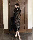 膝丈ドレス セクシー セレブ風 レース Vネック 小顔 エレガント チュール 高級感 XH2-MXX7332