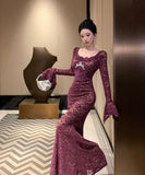 ロングドレス レース マーメイド エレガント 気質 宴会 袖付き XH2-ZED888538DXH238A