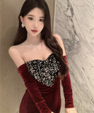 膝丈ドレス キャバドレス キラキラ 気質 ベアトップ セクシー 着瘦せ XH2-DD5333