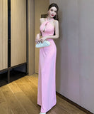 【3色】ロングドレス ホルターネック 谷間見せ セクシー 宴会 ナイトドレス 背露出 XH2-YM9174