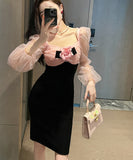 手作り 膝丈ドレス エレガント スクエアネック セレブ風 ローズ チュール 高級感 XH2-JY9707