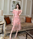 【手作り】ロングドレス ロマンティック風 花柄 パフスリーブ 小顔効果 フリル 大人可愛い XH2-JY10589