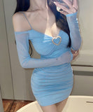 【4色】ミニドレス 秋新作 セクシー タイトドレス 谷間魅せ 袖付き XH2-DD5157